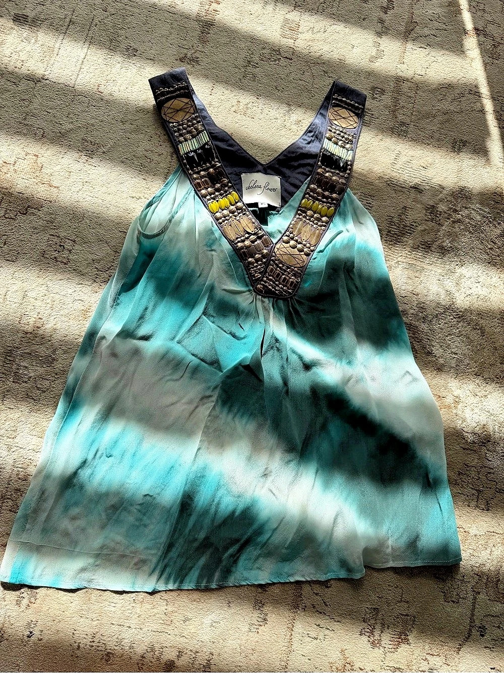 Chelsea flower silk Embellished Turquoise Tank Top Size Xs